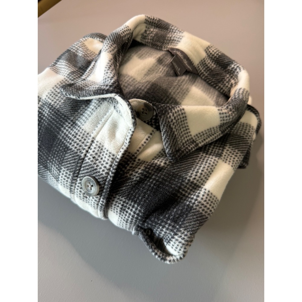 Eddie Bauer Womens Microfleece Button Up Shirt Black White Plaid Large 1724429